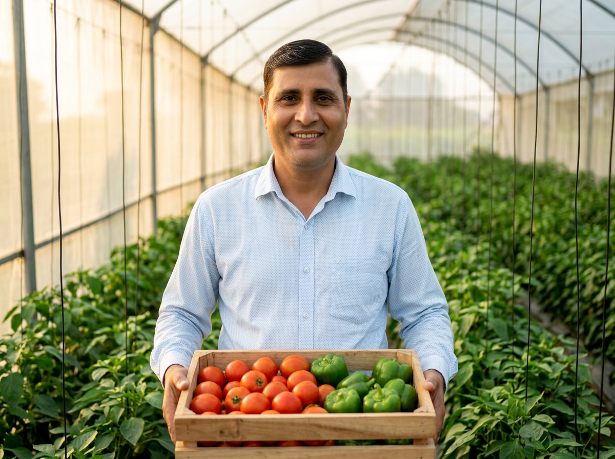 Farmer holding a crate of premium tomatoes and capsicums harvested from a polyhouse