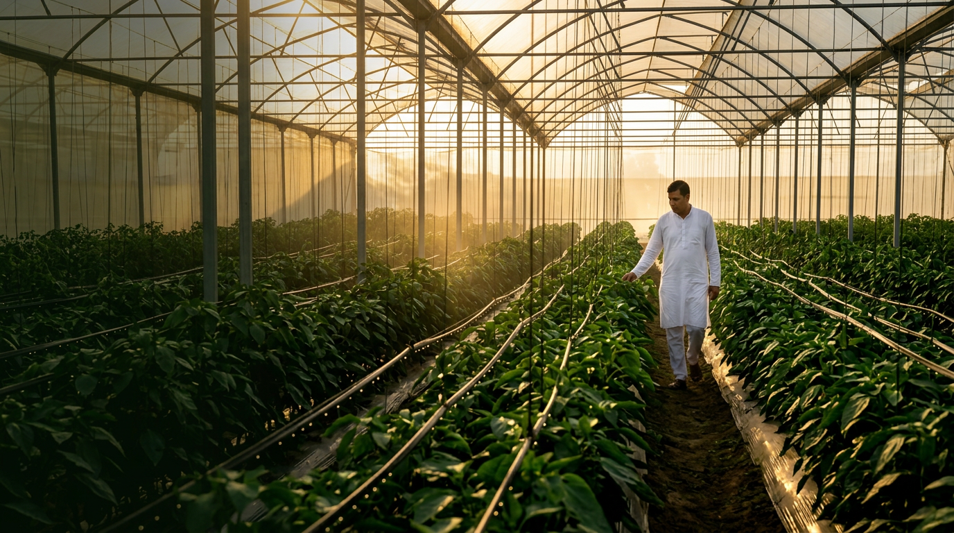 Farmer walking a row of capsicum plants inside a modern polyhouse with drip irrigation in Karnal at golden hour